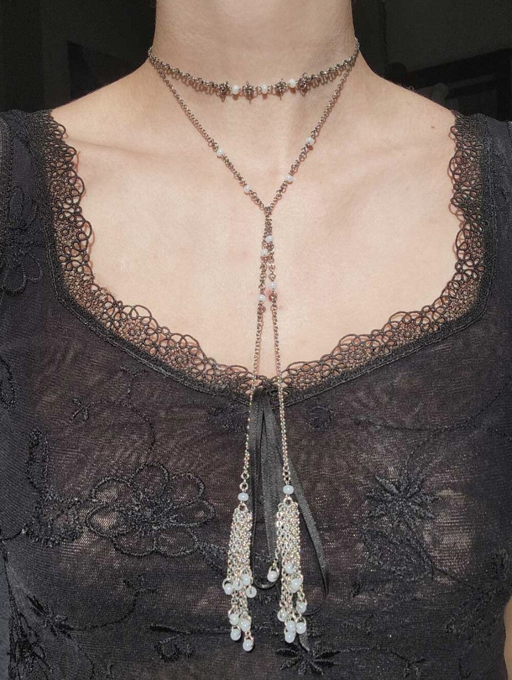 1930s silver flapper style tassel necklace with real pearls